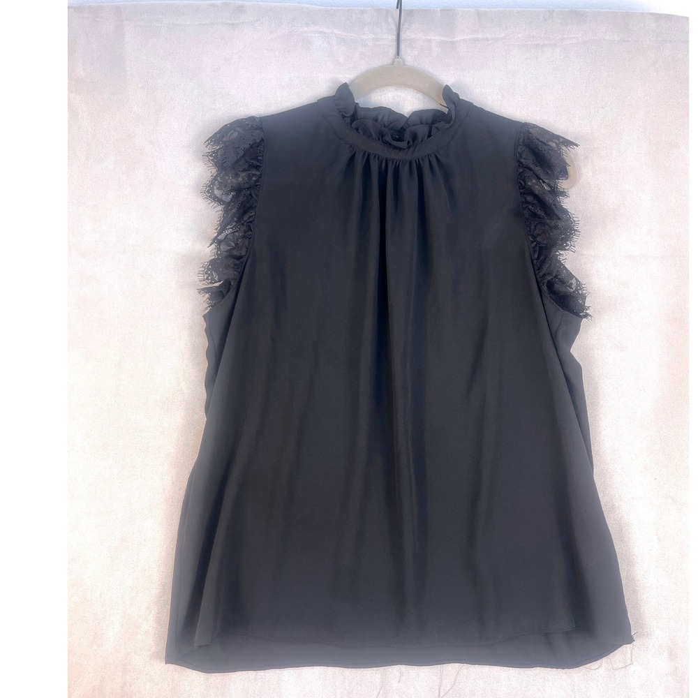 Black Sleeveless Ruffle Mock Neck Lace Trim Blouse Top Medium Whimsygoth Boho